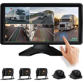 10.36" HD Monitor Backup Camera 5 Split Touch Screen with 128GB DVR Recording 5 Wired Cameras IP69 Waterproof Night Vision for RV Truck Trailer Tractor Rear Side Front