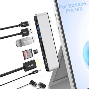 Surface Pro 11/10/9 Docking Station, Surface Pro 9 Accessories with 4K HDMI, USB C Thunerbolt 4(Display+Data+100W Power), 2 USB3.0, SD+TF, 3.5mm Audio, HDMI+USB C Triple Display Surface Pro 9/X Hub