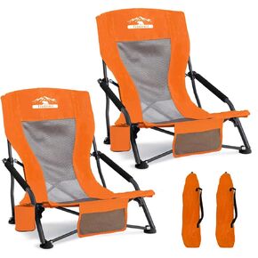 Low Profile Beach Chairs Set of 2 with Cup Holder Folding Mesh Sand Chairs for Adults Portable Lightweight Lowback Sling Chairs for Beach Camping Concert Travel Support 300lbs, Blue