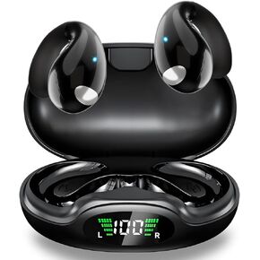 Laxon Open Ear Clip Wireless Earbuds Bluetooth 5.3, Sports Earphones Built-in Mic with Earhooks, 36 Hrs Playtime LED Digital Display Charging Case, Waterproof Headphones for Running Fitness, Black