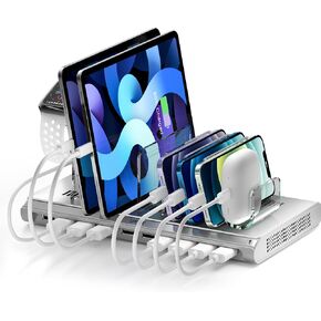 Unitek Multi iPad Charging Station - 10 Port USB Charging Station for Multiple Devices, Fast Charging Dock Cell Phone Organizer for iPhone, iPad, Android, Tablets - Silver