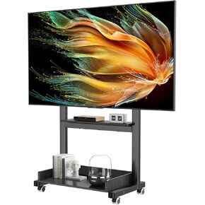 Mobile TV Stand Rolling TV Cart with Wheels for 32-65 Inch TVs, Heavy-Duty Floor TV Stand with Wheels, Portable TV Stand on Wheels with Wooden Large Storage, Hold Up to 88 lbs (Black)