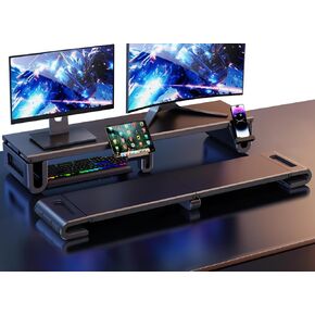 Dual Monitor Stand for Desk,Adjustable Computer Monitor Stand with 2 Holder & 2 Slot,5.2" Monitor Riser for desk,Office Desktop Organizer Stand for Monitors/Laptop/PC/PS5/TV (Black)