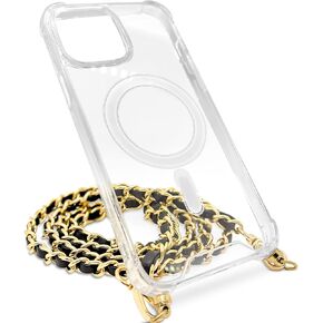 Aporia - Compatible with MagSafe Clear Case for iPhone with Crossbody Chain | Built in Hook & Black & Gold Shoulder Strap | Compatible for MagSafe Wireless Charging + Luxury Design (iPhone 15 Pro)