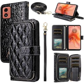 Argyle Wallet Case for Motorola Moto G04/G04s/G24/E14 4G with Crossbody/Wrist Strap Luxury PU Leather Stand Zipper Purse Shockproof Card Holder Cell Phone Cover for GO4 G 04 04s 24 E 14 Black