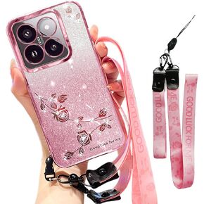for Xiaomi 14T Pro Case Glitter with Crossbody Lanyard Strap for Women Girls, Sparkle Bling Shiny Girly Phone Cover Cute Flowers Floral Case for Mi 14T Pro 5G YSS Pink