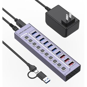 Powered USB 3.0 Hub, 10-Port USB Hub Splitter with Individual Switches and Indicators, 7 USB 3.0 Data Transfer Ports, 3 2.4A Smart Charging Ports + 12V3A UL Listed Power Adapter
