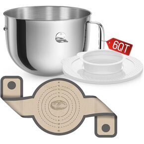 KN2B6PEH 6QT Bowl-Lift Stand Mixer Bowl, Compatible with Kitchenaid Professional 600 Mixer, Polished Stainless Steel Bowl with Silicone Bread Sling - Fits Bowl-Lift KV25G KP26M1X