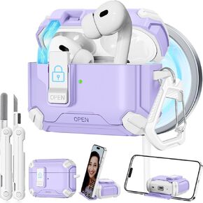 for AirPods Pro 2 Case 【with Invisible Phone Stand】 Secure Lock Case for Apple AirPods Pro 2nd/1st Generation Case Cover with Cleaner and Keychain, Auto-Open, Compatible with MagSafe,Purple