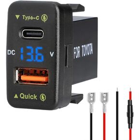شاحن سيارة Levigo مزدوج 18W USB PD+QC3.0 Charge Fast Toyota ، Type C USB Car Power Socket مع عرض الفولتميتر LED ، متوافق مع 12/24V سيارات (1.6 * 0.9 بوصة)