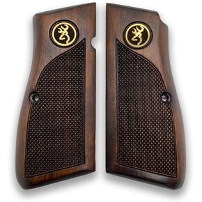 | Wooden Pistol Grips with Brass Logo for Browning Hi Power, Luger M80 Parabellum, Springfield Armory SA 35, Tisas Regent Br-9, HP 14, Cachas - Empuñadura, Veteran Gift (Classical Series)
