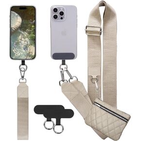 Keallce Clip and Go Strap for Phone with Wallet Crossbody, Adjustable Phone Strap with Anti-Theft Zippered Pouch, Cellphone Lanyard Wristlet Accessories for Women Men Beige