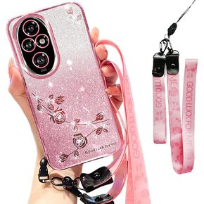 for Huawei Honor 200 5G Case Glitter with Crossbody Lanyard Strap for Women Girls, Sparkle Girly Bling Shiny Floral Flower Clear Cover Case for Honor 200 YSS Pink