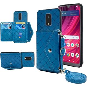 Compatible with Tracfone BLU View 4 Wallet Case with Crossbody Shoulder Strap Stand Credit Card Holder Lanyard Slot Cell Accessories Phone Cover for Blue View4 B135DL Women Blue
