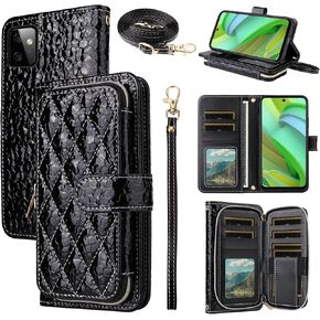 Argyle Wallet Case for Motorola Moto G Power 5G 2023 with Crossbody/Wrist Strap Luxury PU Leather Kickstand Zipper Purse Shockproof Card Holder Cell Phone Cover for GPower G5 Women Men Black