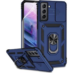 Protective Case with Screen Protector for Samsung Galaxy S21 5G - Dual Layer, Magnetic Ring Holder, Kickstand, Drop Tested - Navy Blue