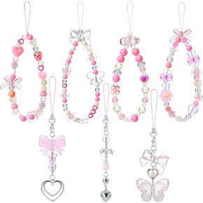 7 pieces Mobile Phone Charms Cute Beaded Phone Lanyard Wrist Strap Aesthetic Y2K Cell Phone Keychain Heart Butterfly Candy Phone Charm for Women Girls Phone Car Key Purse Decoration