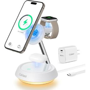 3 in 1 Wireless Charging Station with 20W PD Adapter, 15W Magnetic Wireless Charger Stand Fast Charging with Light for iPhone 15 14 13 12, AirPods & iWatch Series, Night Stand Charger Station