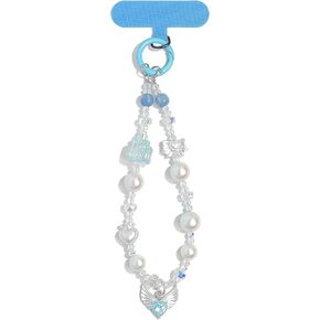 Cute Phone Wrist Strap Chic Beaded Cellphone Lanyard with Tether Tab Phone Charm Grip Strap for Phone Bag Purses Keys (Blue Heart)