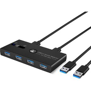 USB KVM Switch 2 PCs Sharing 4 USB Devices KM Switch Hub One Button Swapping USB 3.0 Switcher Box for Mouse, Keyboard, Scanner, Printer with 2 USB 3.0 A to A Cable 1 Power Cable