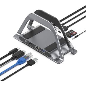 MacBook Docking Station, PULWTOP USB C Docking Station with Vertical Stand Compatible with MacBook Pro and Air, with 4K HDMI, 3 USB, SD/TF, PD3.0, RJ45 Ethernet, Audio, for HP/Dell/Lenovo laptops