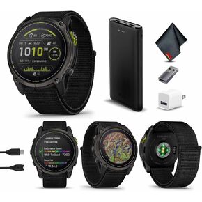 Garmin Enduro 3, Solar, Sapphire, Ultraperformance GPS Smartwatch, 90 Days Battery Life, Detailed Mapping, Built-in LED Flashlight, Carbon Gray DLC Titanium with Black Ultrafit Nylon Strap Bundle