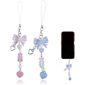 Aesthetic Phone Charm Pink Bow Charms for Phone Case Decorations Blue Cell Phone Keychain Strap Cute Y2k Accessories for Women Camera Bag Purse Charms with Bear Pendant Charm Decor for Phone Case 2Pcs