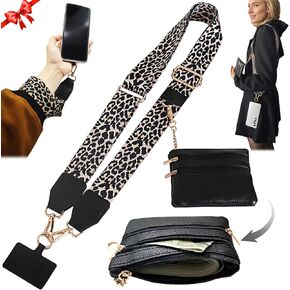 Clip Go Phone Strap with Wallet Crossbody, Universal Mobile Shoulder Charm Lanyards with Zip Pouch, Cellphone Adjustable Chain Detachable Wrist Strap for Travel Valentine's Day Gift Leopard