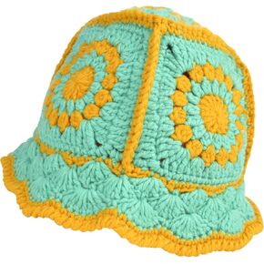QZUnique Flower/Plaid Crochet Bucket Hat for Women Handmade Cloche Knitted Fisherman Hat Knitting Beanie Hat Sun Cap