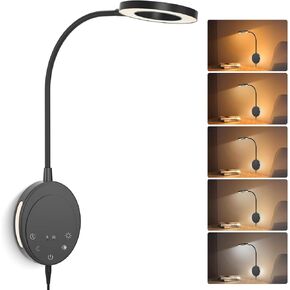 Wall Mounted Reading Light,Bedside Headboard Lights with 5 Color Temperature &5 Dimming,360°Flexible Gooseneck,USB Output, Night Light&Timer Function- Perfect for Reading (Black)