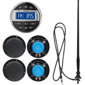 Herdio Marine Bluetooth Receiver -AM FM Radio and 4 inch Waterproof Speakers(2 Pairs)+Black Antenna for Boat Yacht ATV UTV