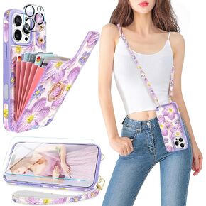 for iPhone 16 Pro Max Case Wallet with Card Holder&Lanyard,Cute 3D Oil Painting Floral Crossbody Case with[Screen Protector+Camera Lens Protector]Ring Stand Case for iPhone 16 Pro Max, Purple