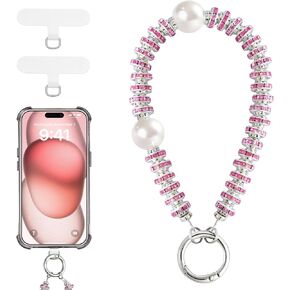 TiMOVO Phone Lanyard Wrist Strap for Phone Case, Detachable Phone Wristlet with Decorational Pearl & Tether Tab, Hands-Free Phone Charm Bracelet Strap for Women, Pink