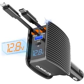 Retractable Car Charger,Car Accessories,4 in 1 Fast Car Phone Charger 84w, 2 Retractable Cables and USB Car Charger,Compatible with iPhone 16/15/14/13/12/11,Galaxy,Pixel,PT-50 Black