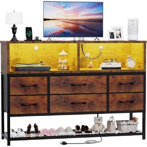 Dresser for Bedroom, 6 Drawers Led Dresser TV Stand with Power Outlets and LED Lights, Long Fabric Dressers Wide Chest of Drawers with Large Organizer Shoe Rack for Living Room, Entryway