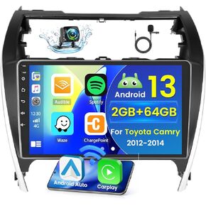 Hikity for Toyota Camry 2012-2014 Android Car Stereo Radio with Wireless Carplay Android Auto, 2+64G 10.1 Inch Touchscreen Radio WiFi GPS Navigation Bluetooth FM RDS EQ Mirror Link