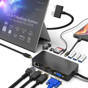 Surface Pro Dock for Surface Pro 4/Pro 5/Pro 6 USB Hub Docking Station with Gigabit Ethernet, 4K HDMI VGA DP Display, 3xUSB 3.0, Audio Out, USB C, SD/TF Card Slot Combo Dock Only for Surface Pro 4/5/6