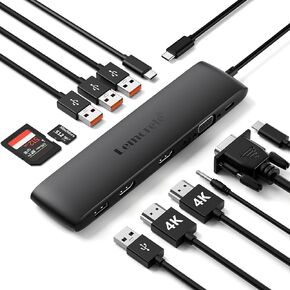 Lemorele USB C Dual Monitor Docking Station for Dell/HP/Lenovo/Surface Laptop, 12 in 1 Triple Display USB C Hub Adapter w/2 HDMI 4K+VGA+10Gbps 2 USB3.2+2 USB2.0+100W PD+USB C Data+SD/TF+Audio