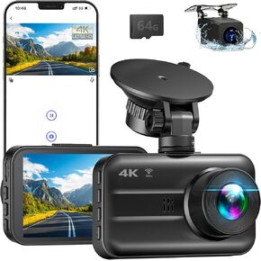 Dash Cam Front and Rear, 4K/2K Dash Camera for Cars Build in WiFi, Full HD Dash Cam with APP Control, IPS Screen Dash Camera with 64GB SD Card, G-Sensor, WDR, USB, Loop Recording Easy Setup
