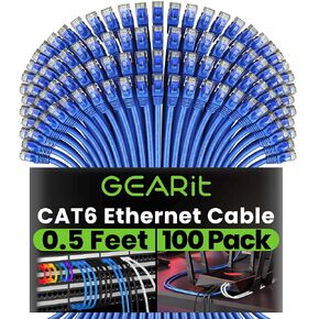 GEARit Cat 6 Ethernet Cable (100-Pack 0.5 Feet) Cat6 Network Patch, 10Gbps, RJ45, Snagless Cord, Gold-Plated Connectors, Internet for PC, TV, Tablet, Router, Printer, Servers, IT Data Center - Blue