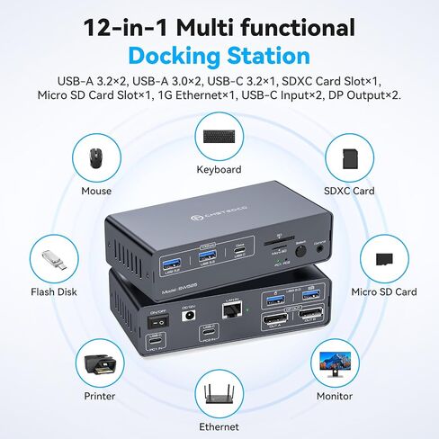 4K@120Hz USB C Station Station Dual Monitor لأجهزة الكمبيوتر المحمولة أو MacBooks Switch (12-in-1) Type C Dock مع 2 DisplayPort ، 1G Ethernet ، 10GBPS USBC + USBA 3.2 ، 5GBPS USB 3.0 DATE و SD/MICROSD SLOTS in Kuwait