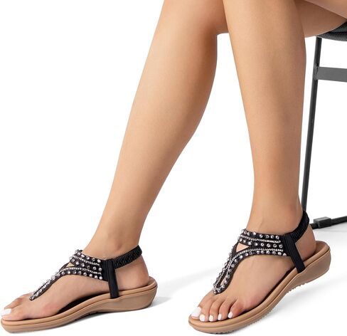 DREAM PAIRS صنادل نسائية مريحة وأنيقة مسطحة من حجر الراين مطاطا على شكل حرف T صنادل رفيعة للشاطئ الصيفي in Kuwait