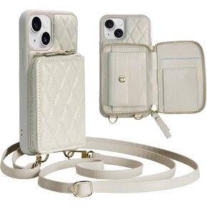 for iPhone 13 Wallet Case Crossbody, PU Leather Zipper Handbag Purse Flip Cover Standar, Independent Slot Adjustable Strap Portable 6.1-Inch iPhone Case White