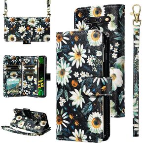 Wallet Case for LG G8 ThinQ with Wrist Strap Crossbody Shoulder Strap Flower Leather Zipper Purse Credit Card Holder Stand Phone Cover LGG8 Thin Q G 8 LG8 G8thinq LGG8thinq 8G Girls Black