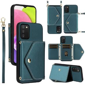 Wallet Case for Samsung Galaxy A03s US Version 5G 2022 with Wrist Lanyard Shoulder Strap, PU Leather Credit Card Holder Stand Cell Phone Cover for Ao3s A 03s SM-A037U SM A037U Women Men Green