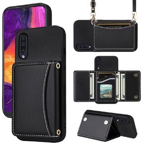 Wallet Case for Samsung Galaxy A50 A50S A30S with Crossbody Strap Premium PU Leather Card Holder Shockproof Heavy Duty Phone Cover for A 50 50S 30S S50 50A SM A505G Black