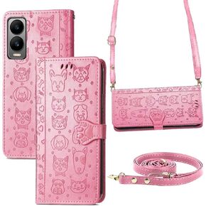 Crossbody Wallet Case For Cricket Icon 6 Case [Long Wrist Strap], Cricket Icon6 SL219C 2024 Cash/Card Holder Purse | PU Leather 3D Embossed Cute Puppy | Flip Stand Magnetic Buckle Girly (Pink)