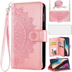 Asuwish Phone Case for Moto One 5G/One5G UW/Moto G G5 Plus Wallet Cell Cover with Screen Protector Lanyard Wrist Strap Mandala Flower Zipper Card Holder Motorola One Lite XT2075-1 Women Girls Pink