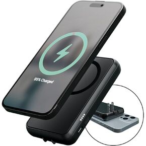 Portable Charger Power Bank Built-in AC Wall Plug, Compatible with Magsafe, Slim 6000mAh, Dual Charge 15W Fast Charge, USB C Pass-Thru Charging for iPhone 16/15/14 Series, Samsung Phones
