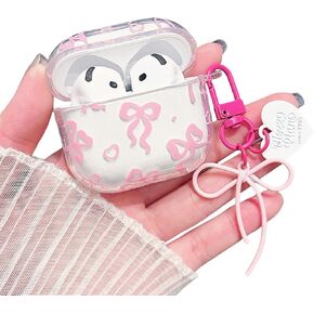 MINSCOSE Compatible with AirPods 4 Clear Case,Cute Ribbon Bow Pretty Aesthetic Design with Bow Love Heart Keychain,Soft TPU Protective Shockproof Case for Women Girl for AirPod 4-Pink